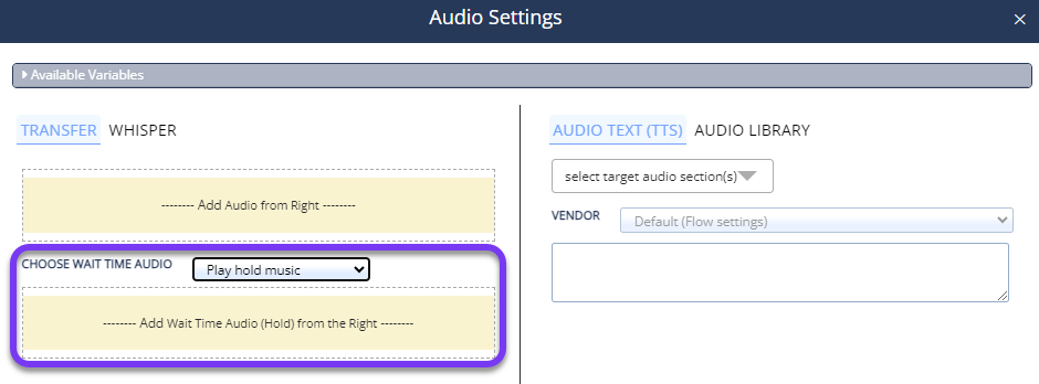 Transfer action Choose Wait Time Audio field with Play hold music selected